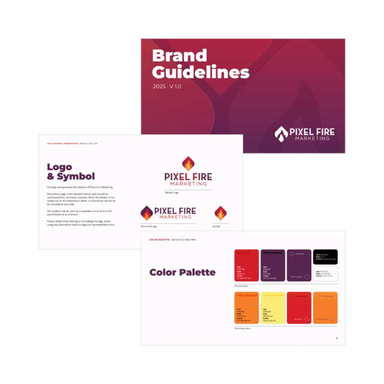 brand guide for pixel fire marketing showing logo and symbols